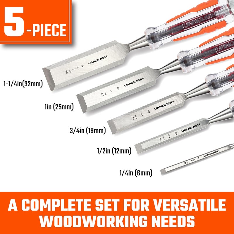 Vanquish 5 Piece High-Impact Wood Chisel Set Mortise Chisel with Storage Bag for Woodworking Carving (4609) - Image 2